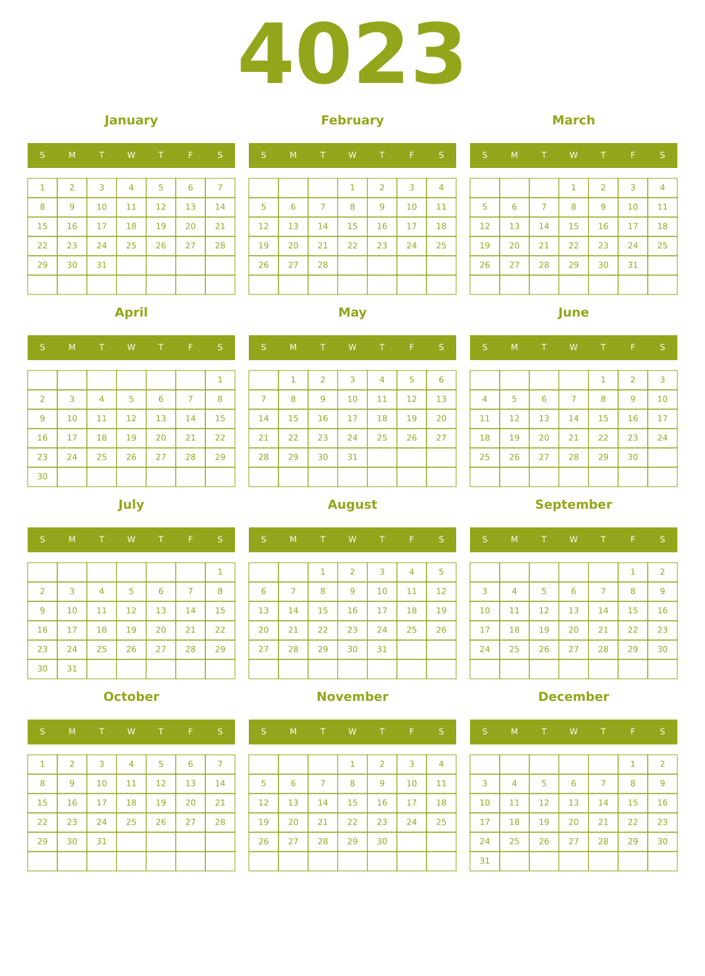 Printable 4023 Year Calendars chartreuse