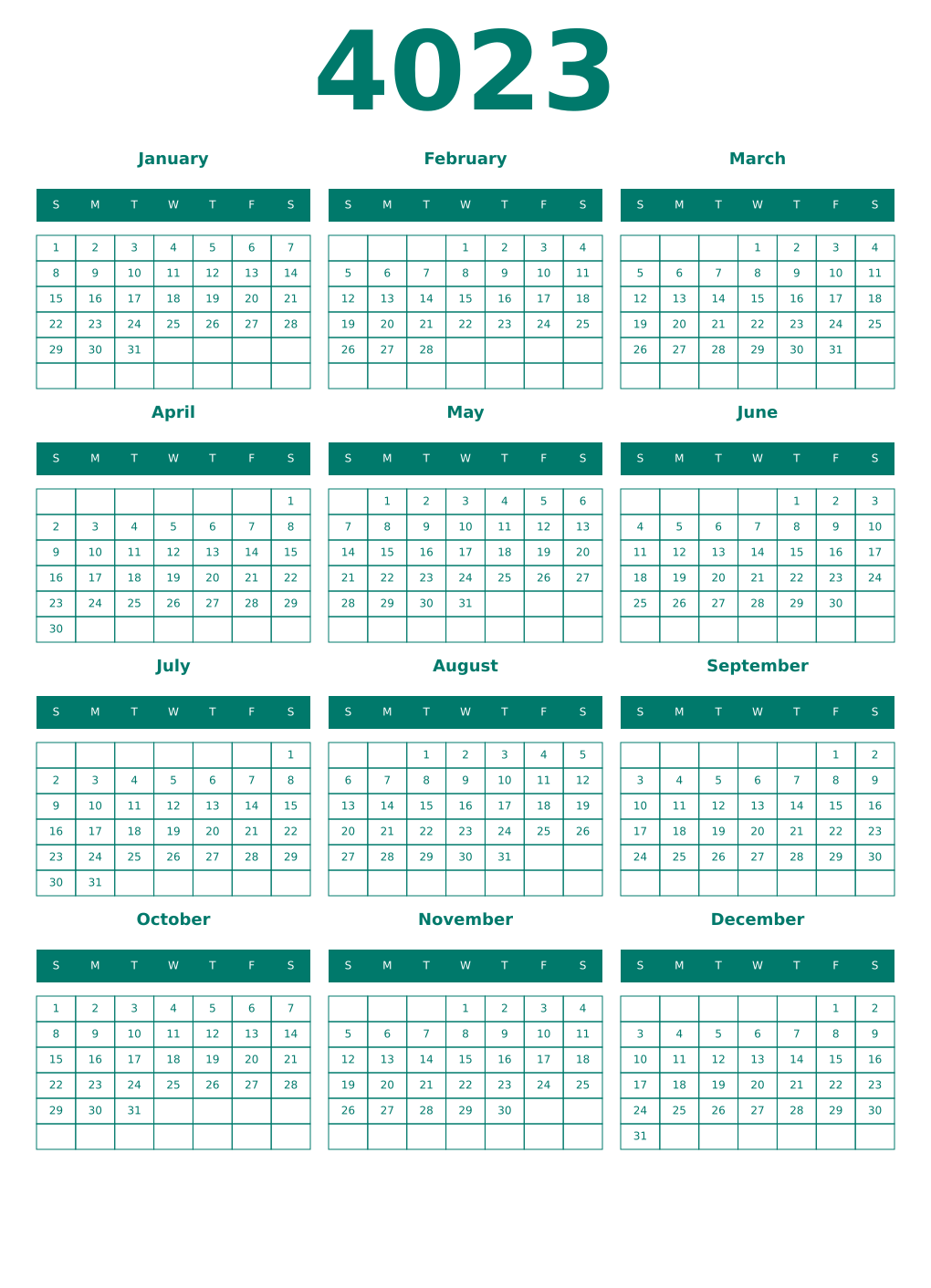 Printable 4023 Year Calendars pastel
