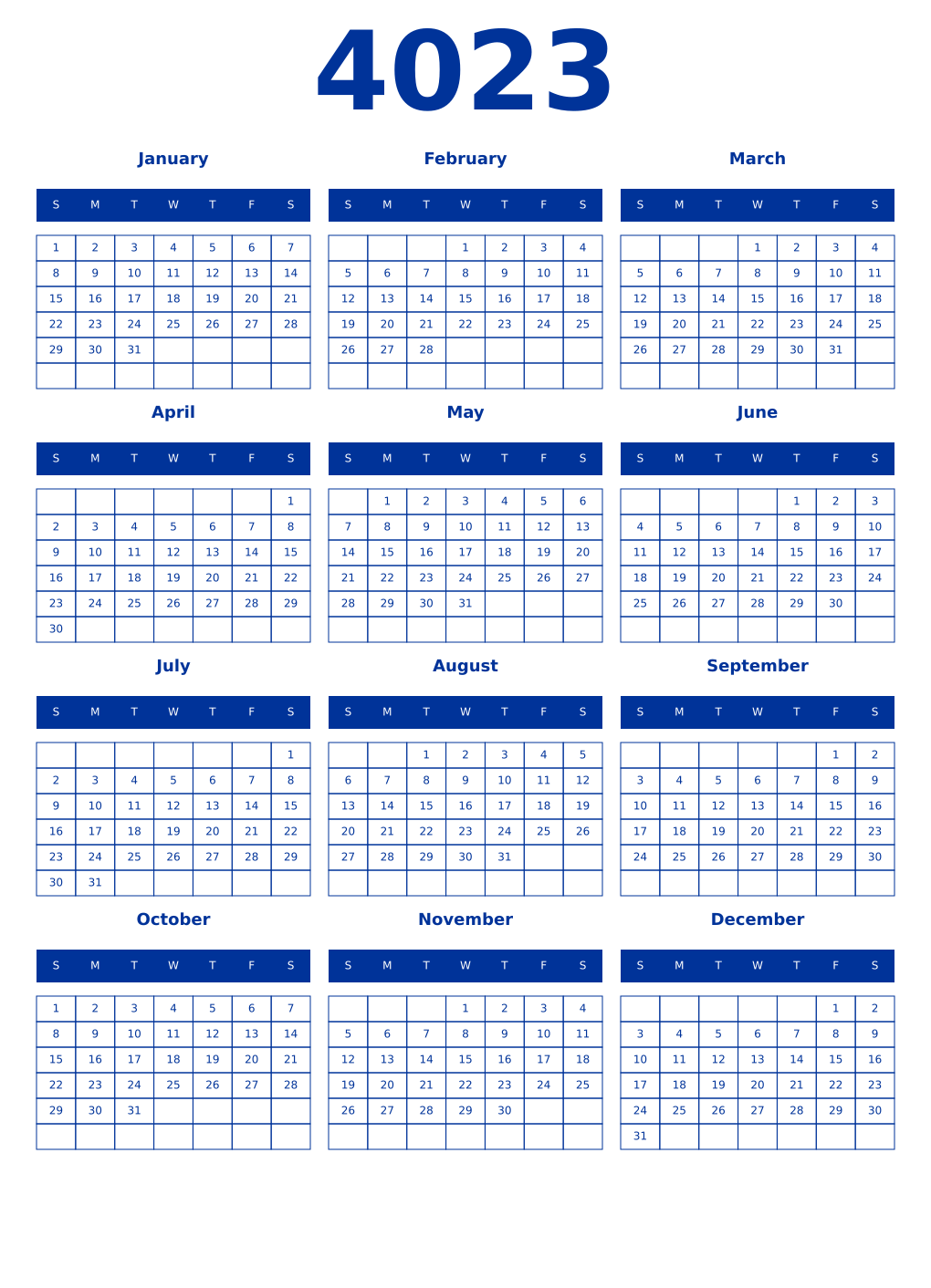 Printable 4023 Year Calendars smalt