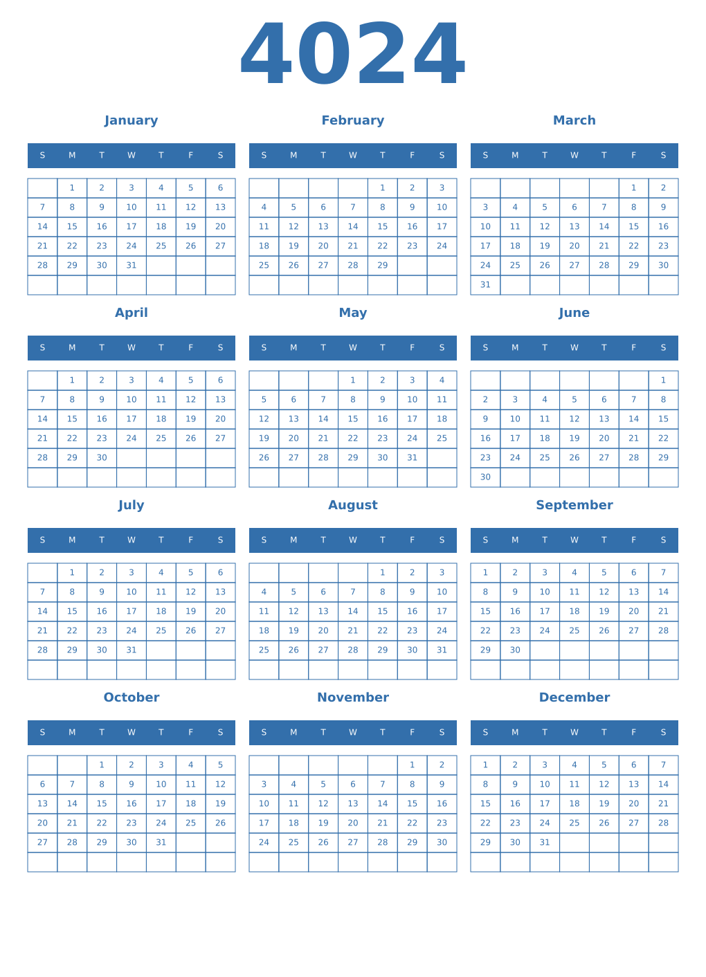 Printable 4024 Year Calendars blue