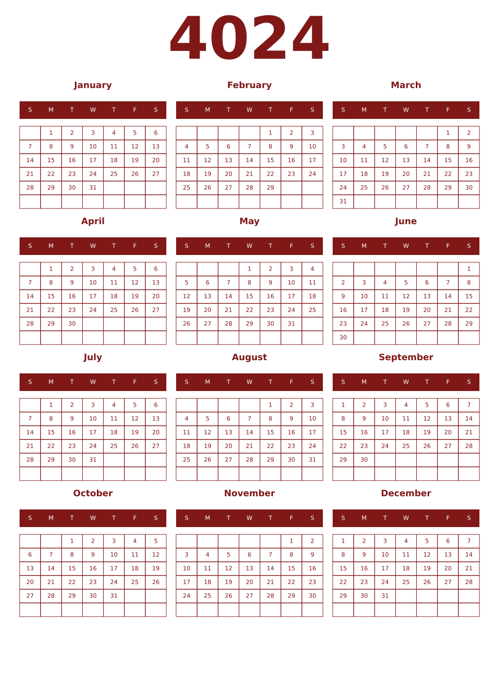 Printable 4024 Year Calendars falu