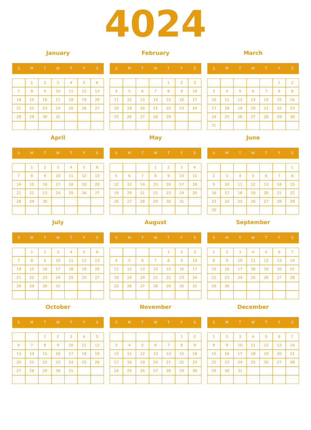 Printable 4024 Year Calendars gamboge