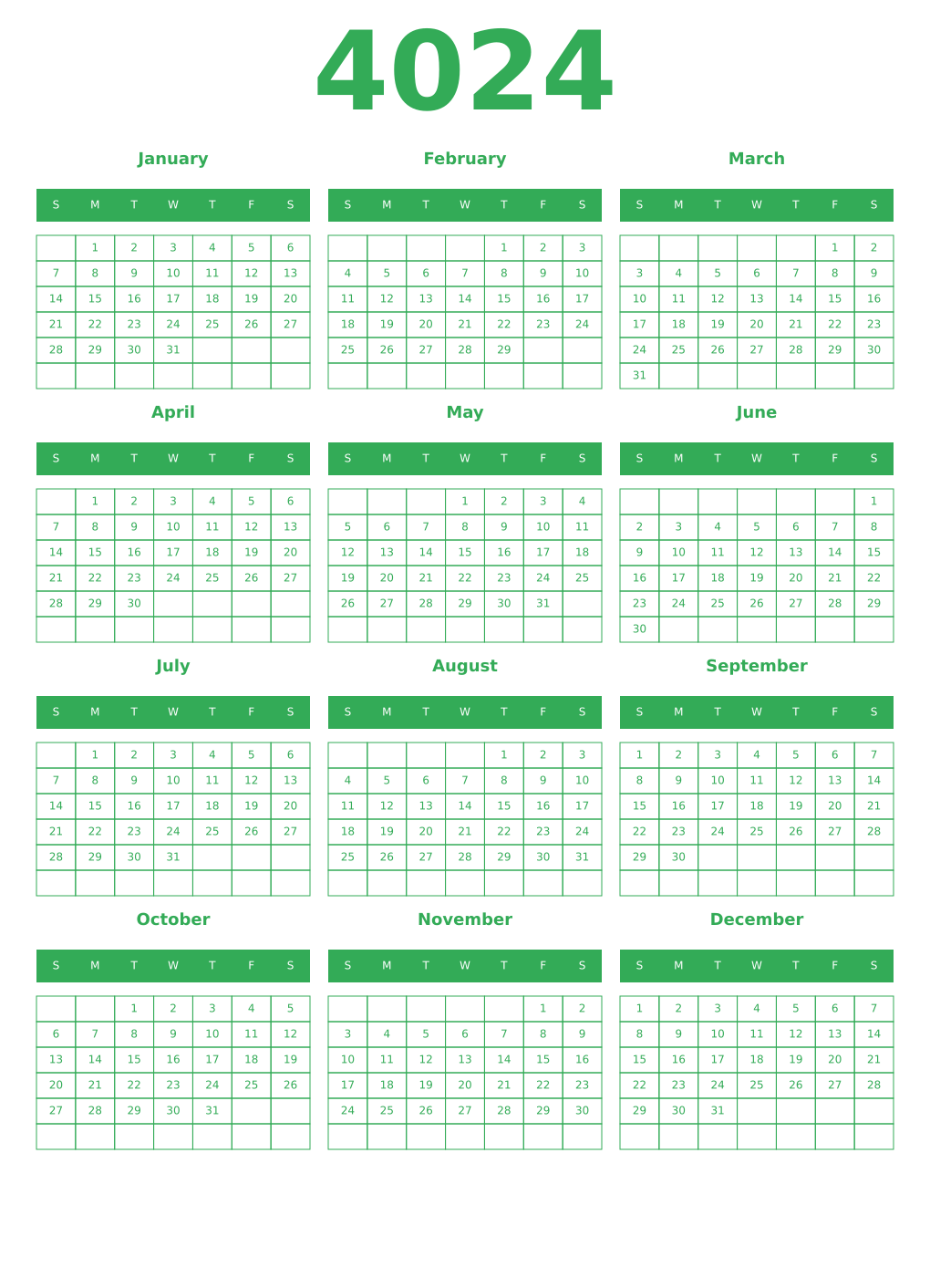 Printable 4024 Year Calendars green