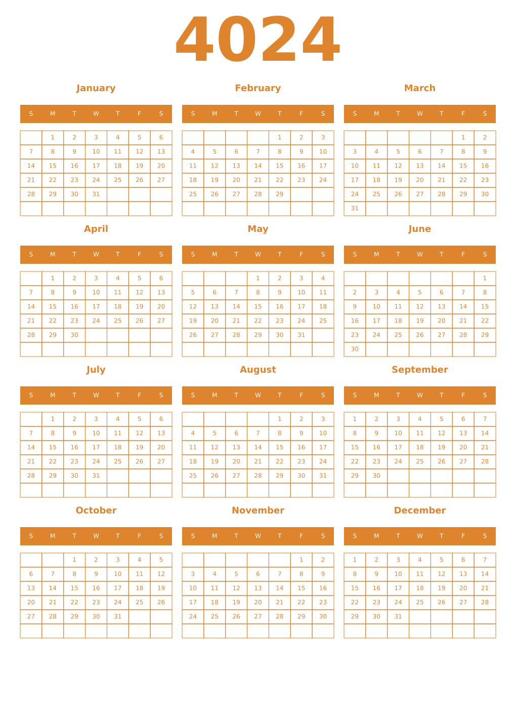 Printable 4024 Year Calendars orange