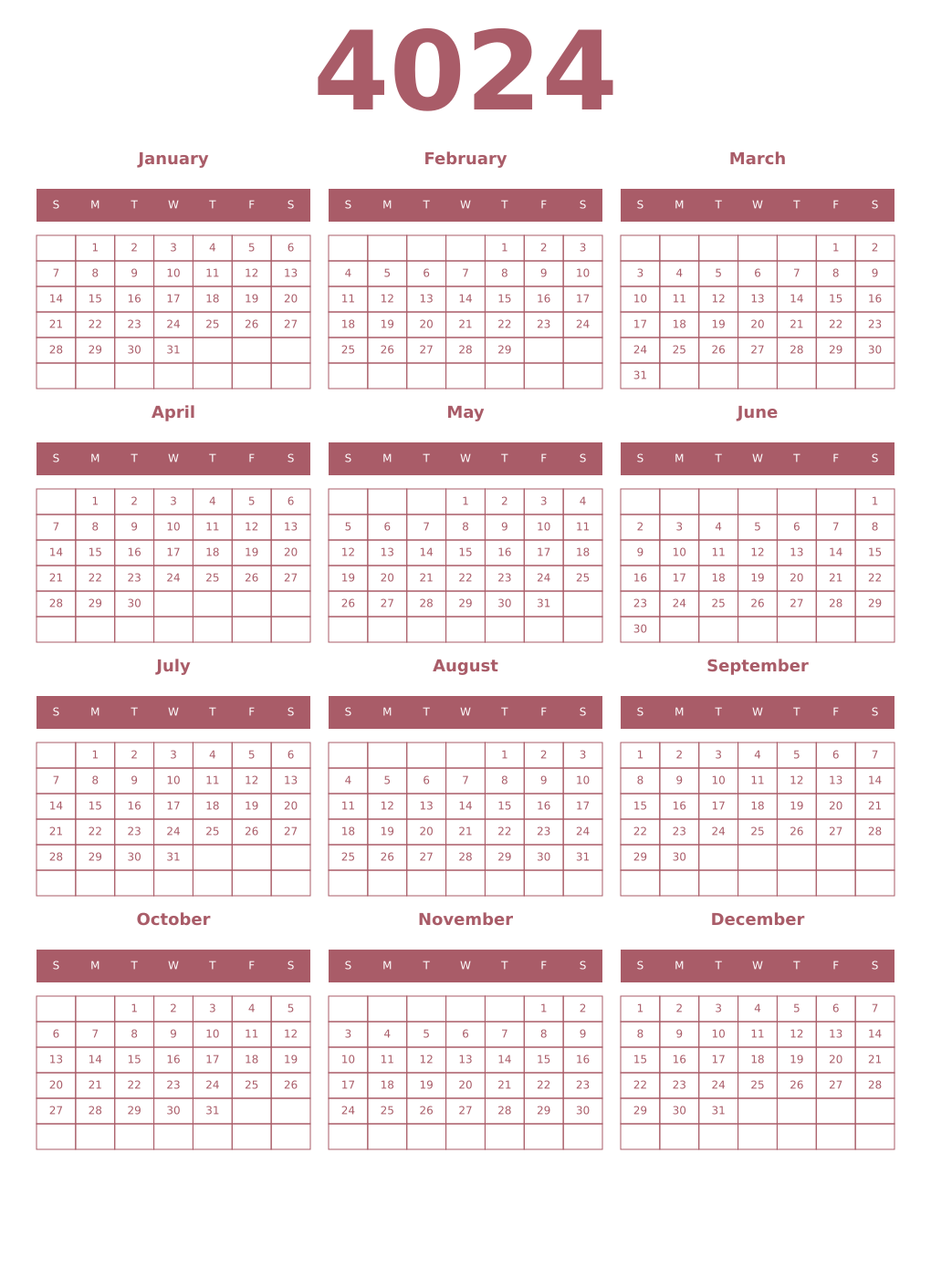 Printable 4024 Year Calendars puce