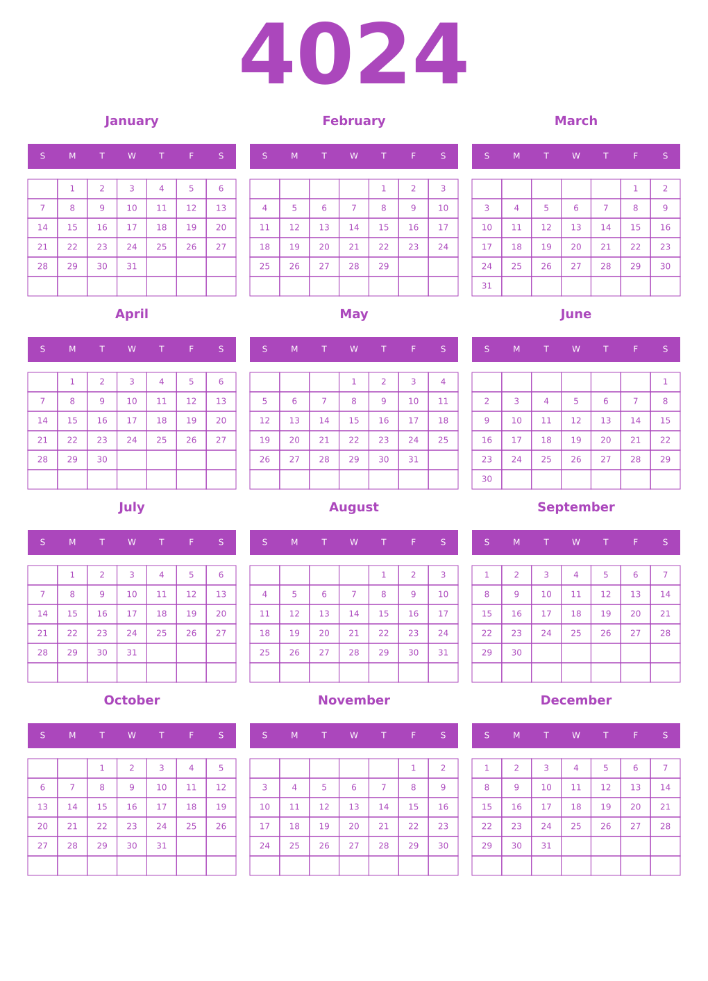 Printable 4024 Year Calendars purple