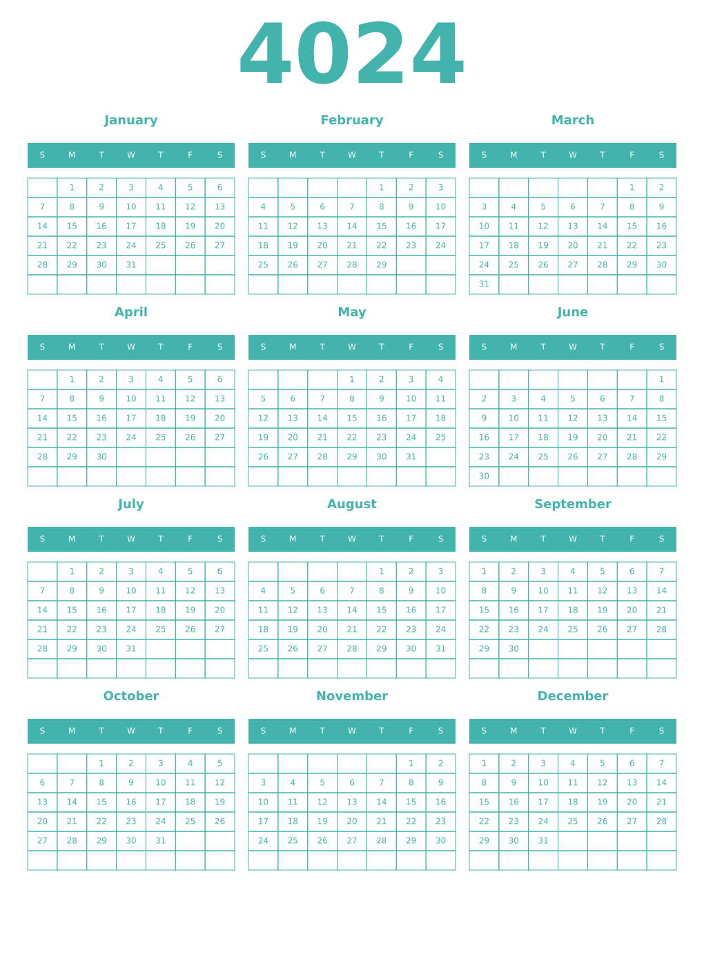 Printable 4024 Year Calendars verdigris