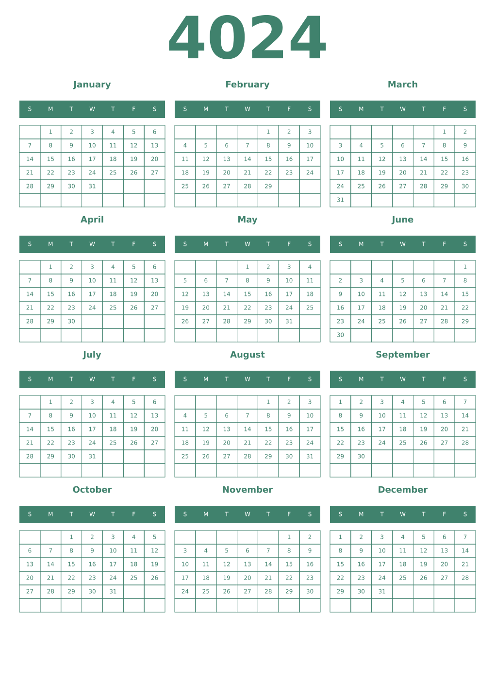 Printable 4024 Year Calendars viridian