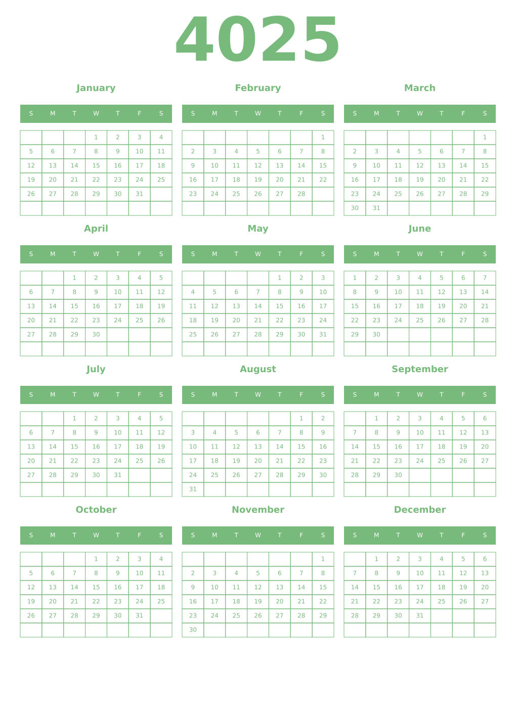 Printable 4025 Year Calendars celadon