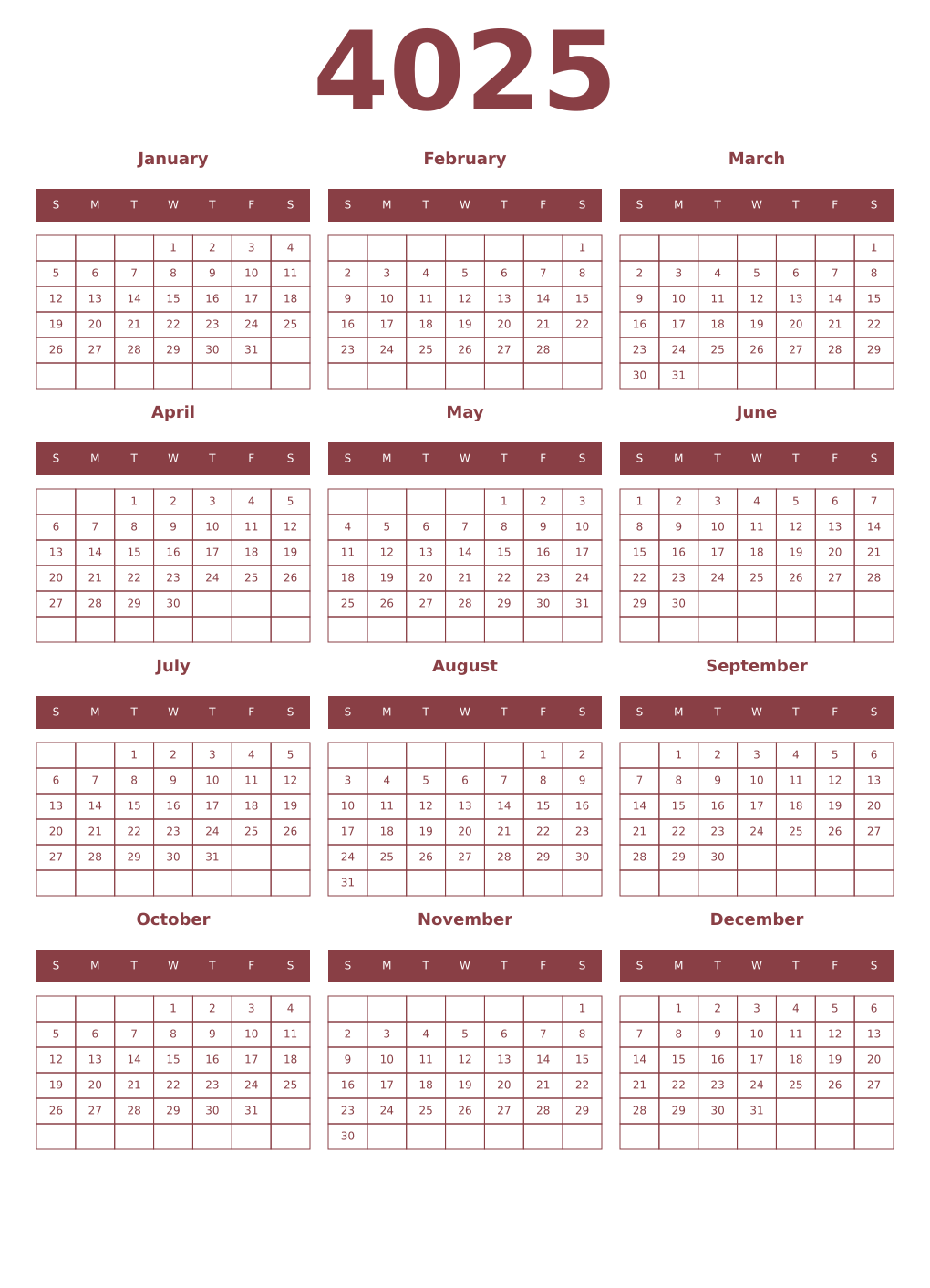 Printable 4025 Year Calendars cordovan