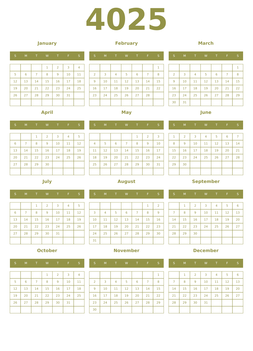 Printable 4025 Year Calendars eburnean