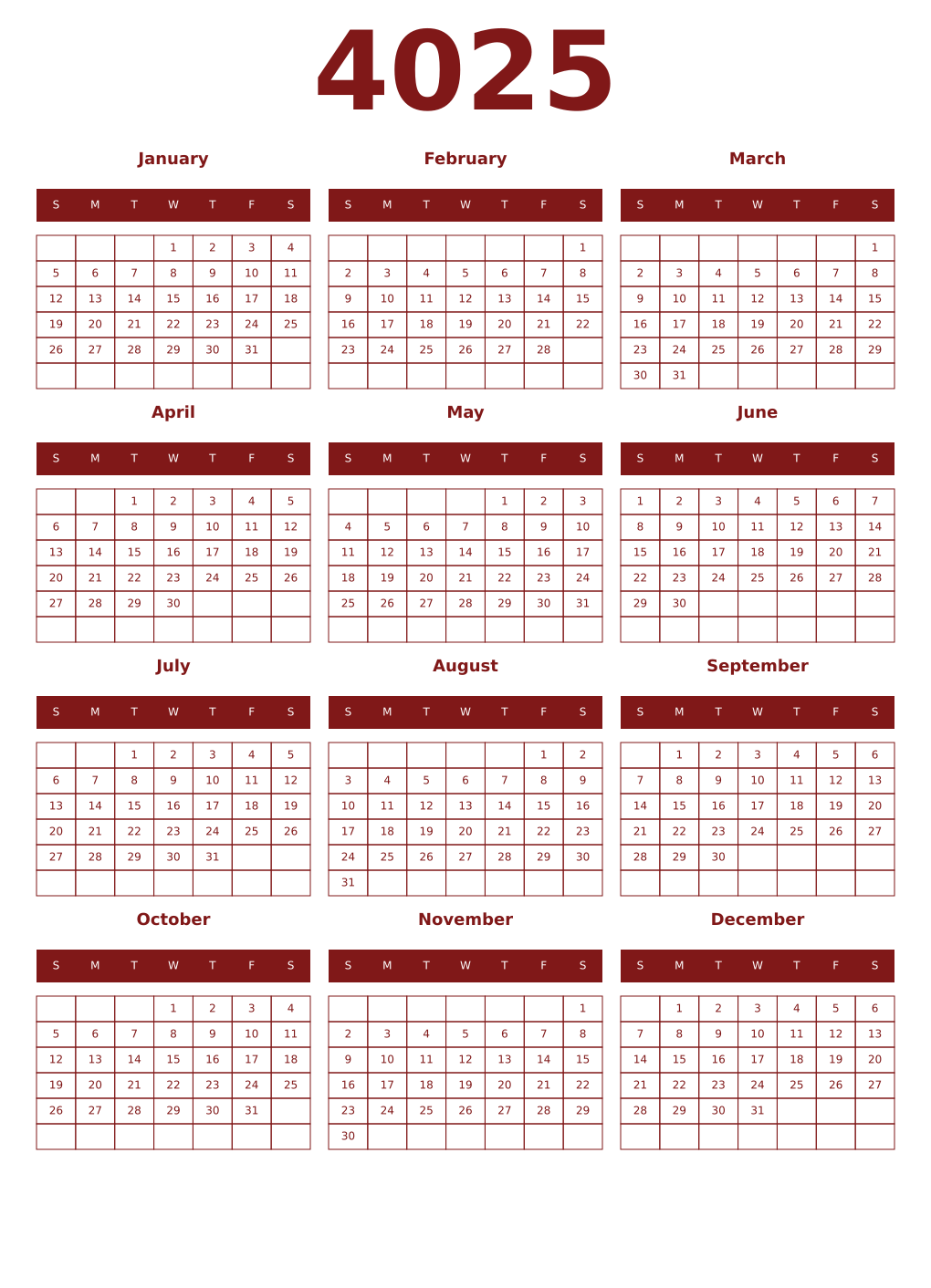 Printable 4025 Year Calendars falu