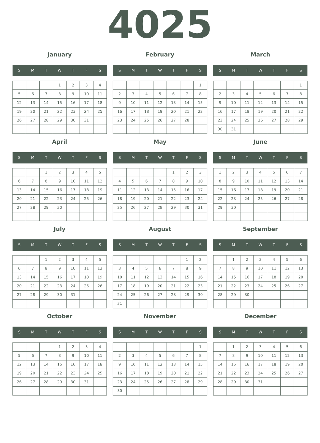 Printable 4025 Year Calendars feldgrau