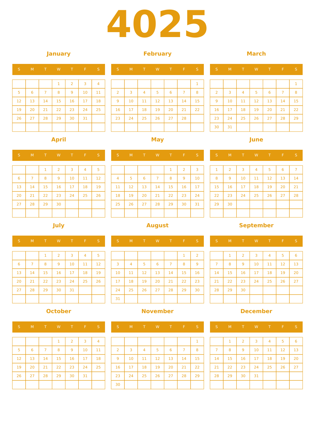 Printable 4025 Year Calendars gamboge