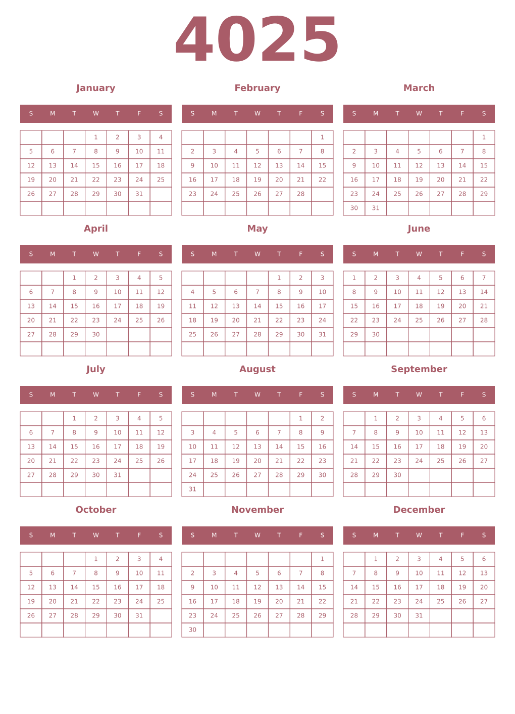 Printable 4025 Year Calendars puce