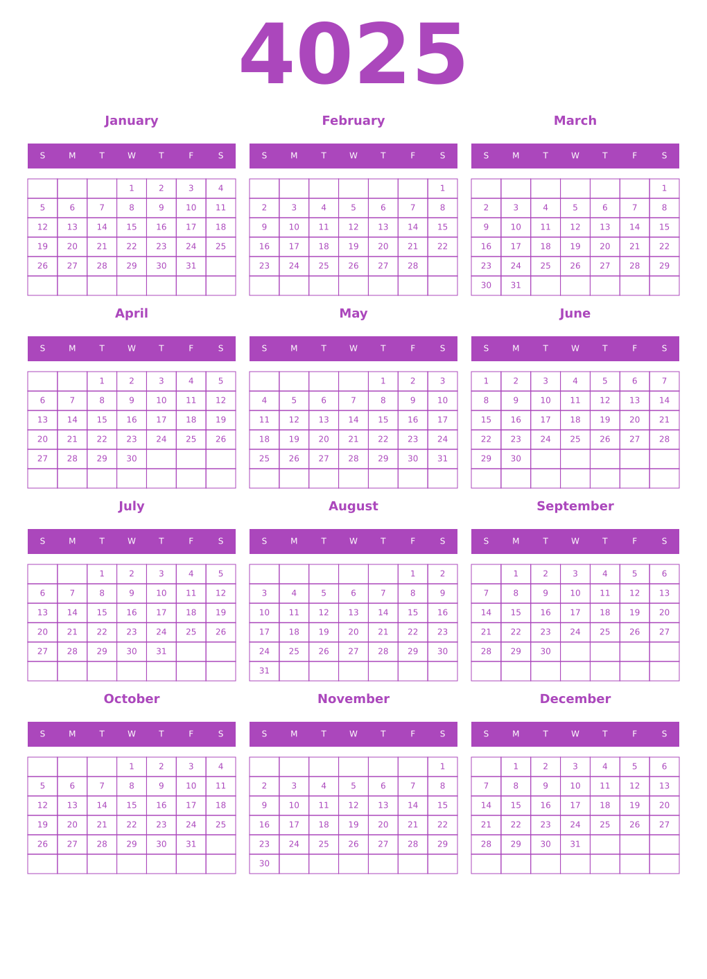 Printable 4025 Year Calendars purple