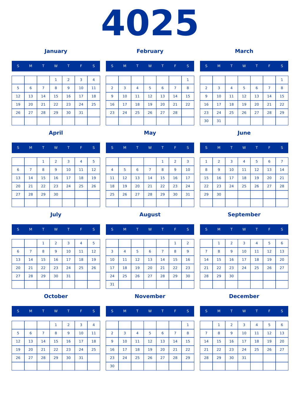 Printable 4025 Year Calendars smalt