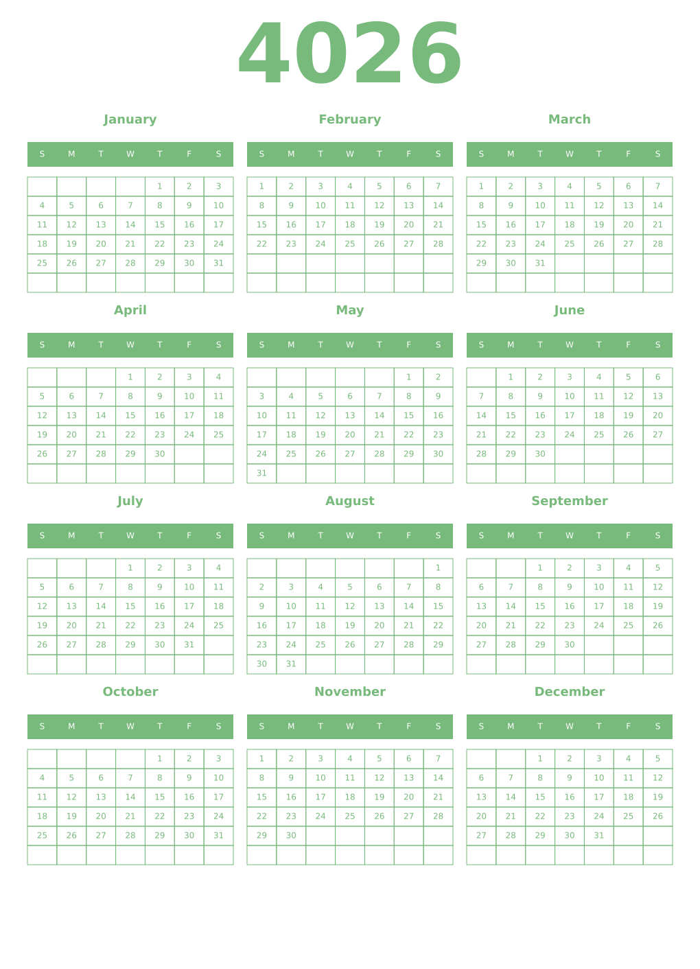 Printable 4026 Year Calendars celadon