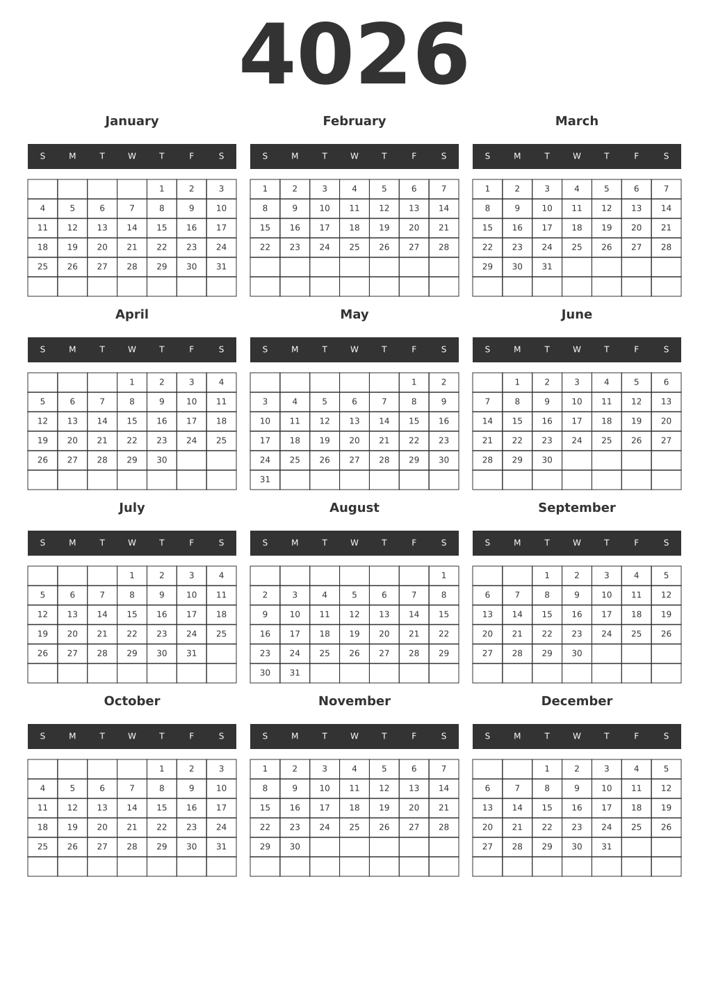 Printable 4026 Year Calendars dark