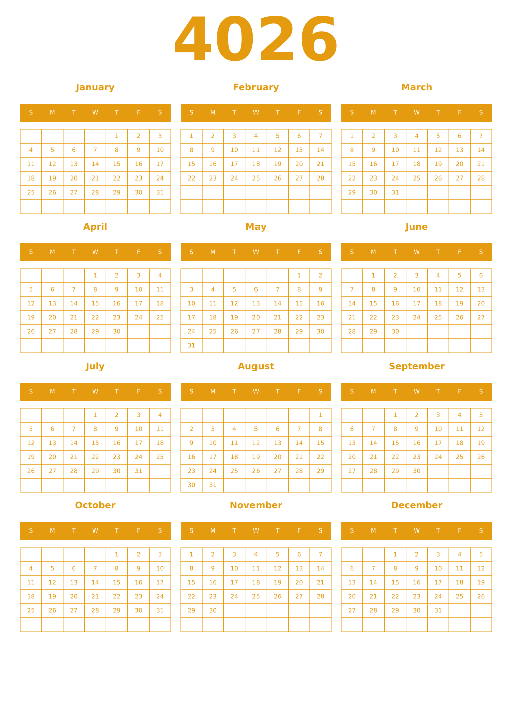 Printable 4026 Year Calendars gamboge
