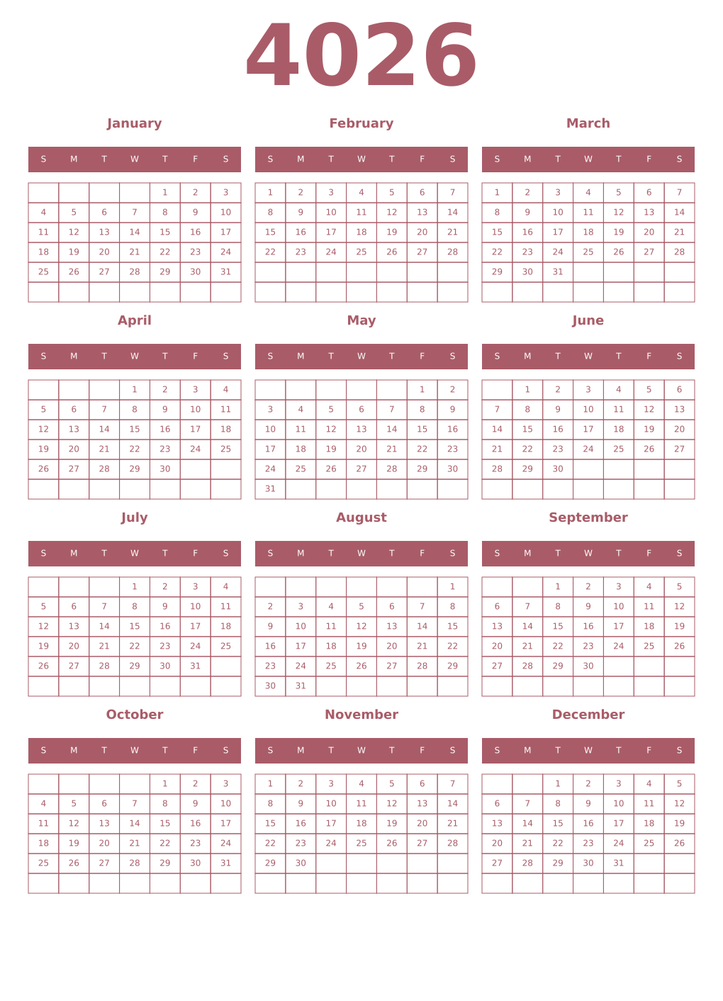 Printable 4026 Year Calendars puce