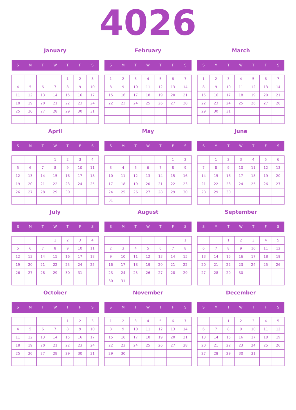 Printable 4026 Year Calendars purple