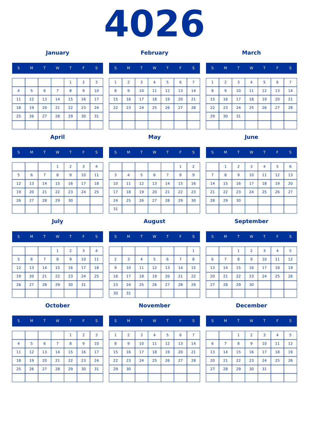 Printable 4026 Year Calendars smalt