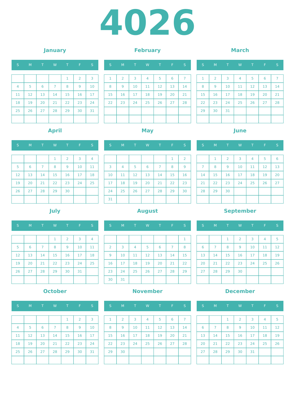 Printable 4026 Year Calendars verdigris
