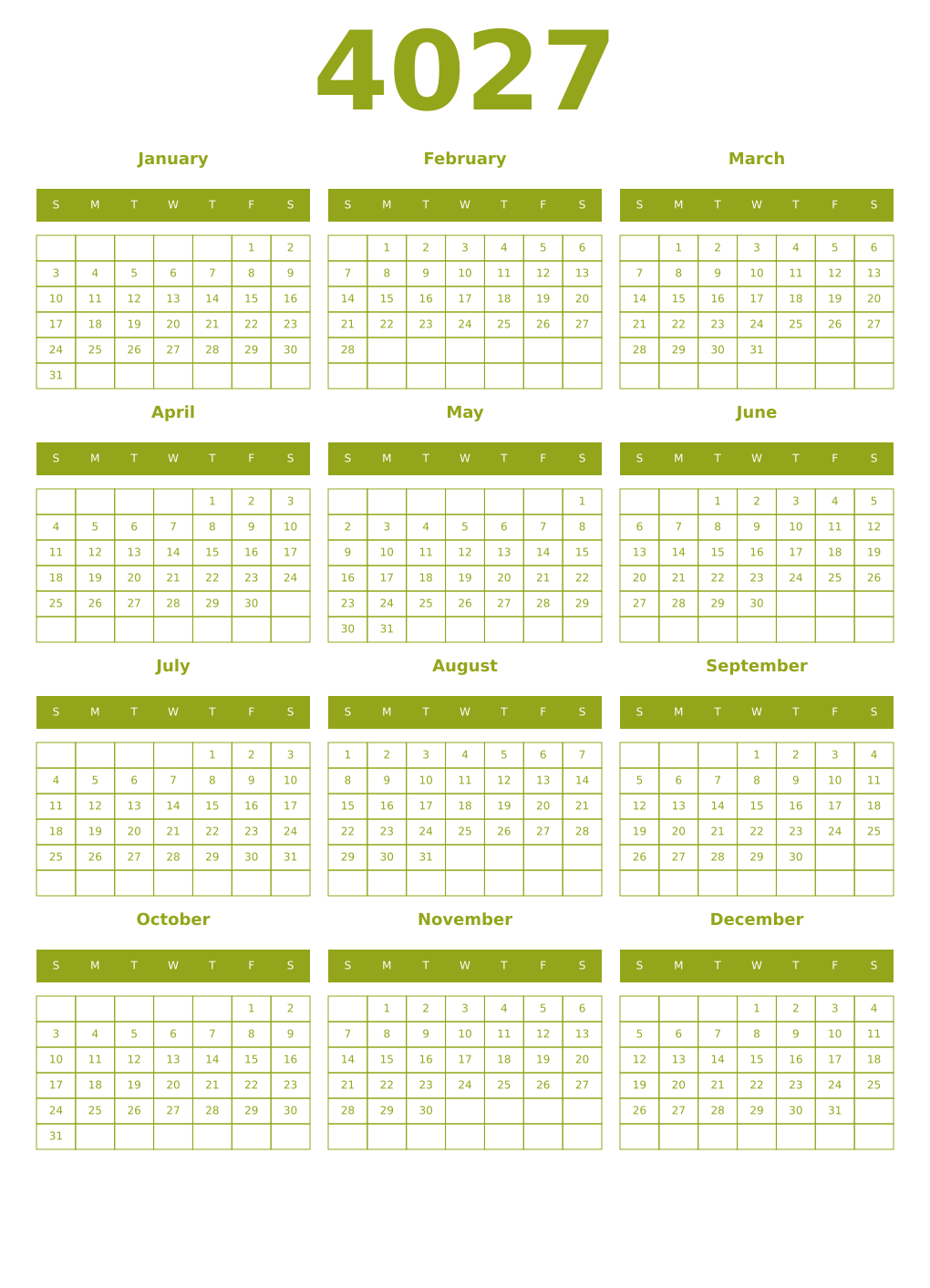 Printable 4027 Year Calendars chartreuse