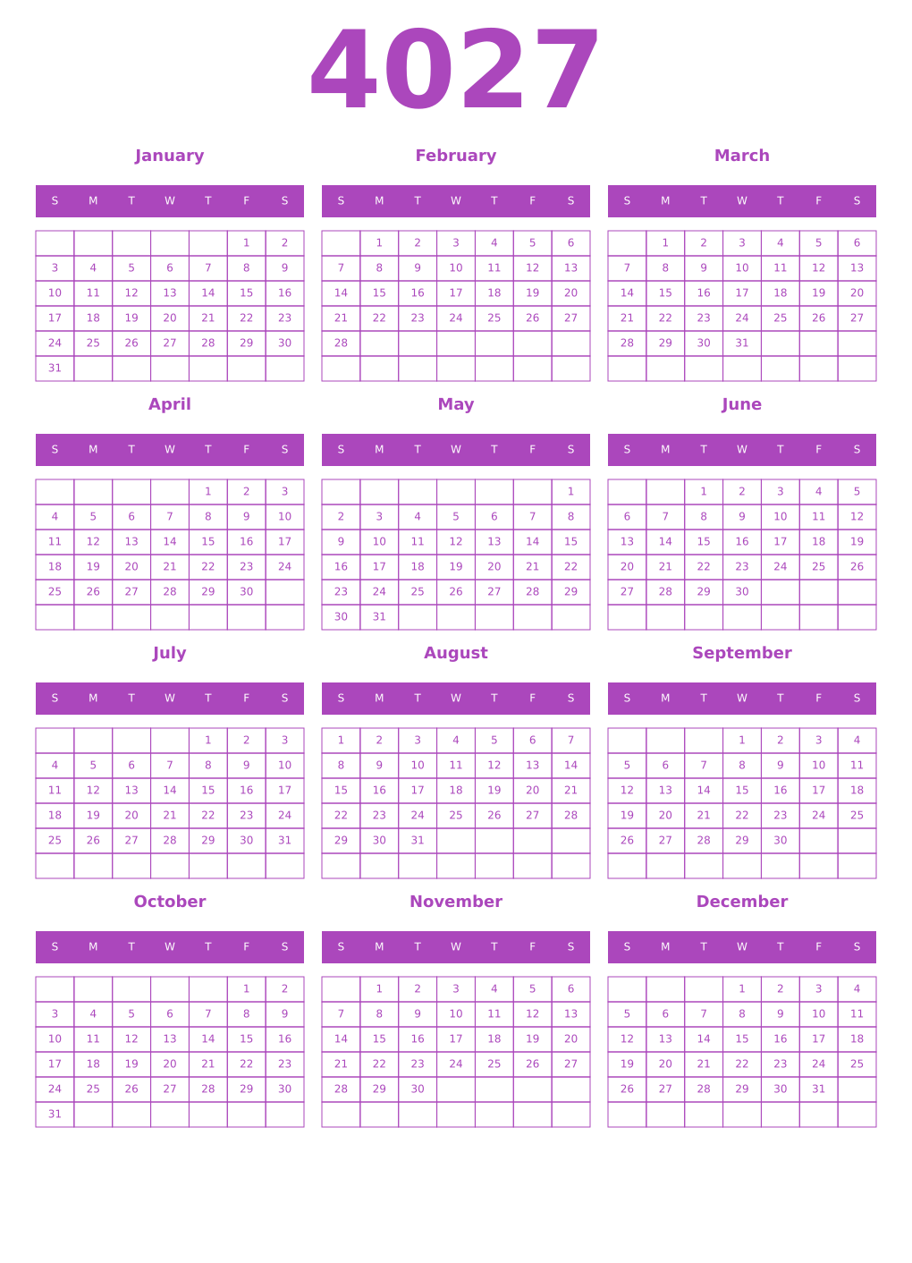 Printable 4027 Year Calendars purple