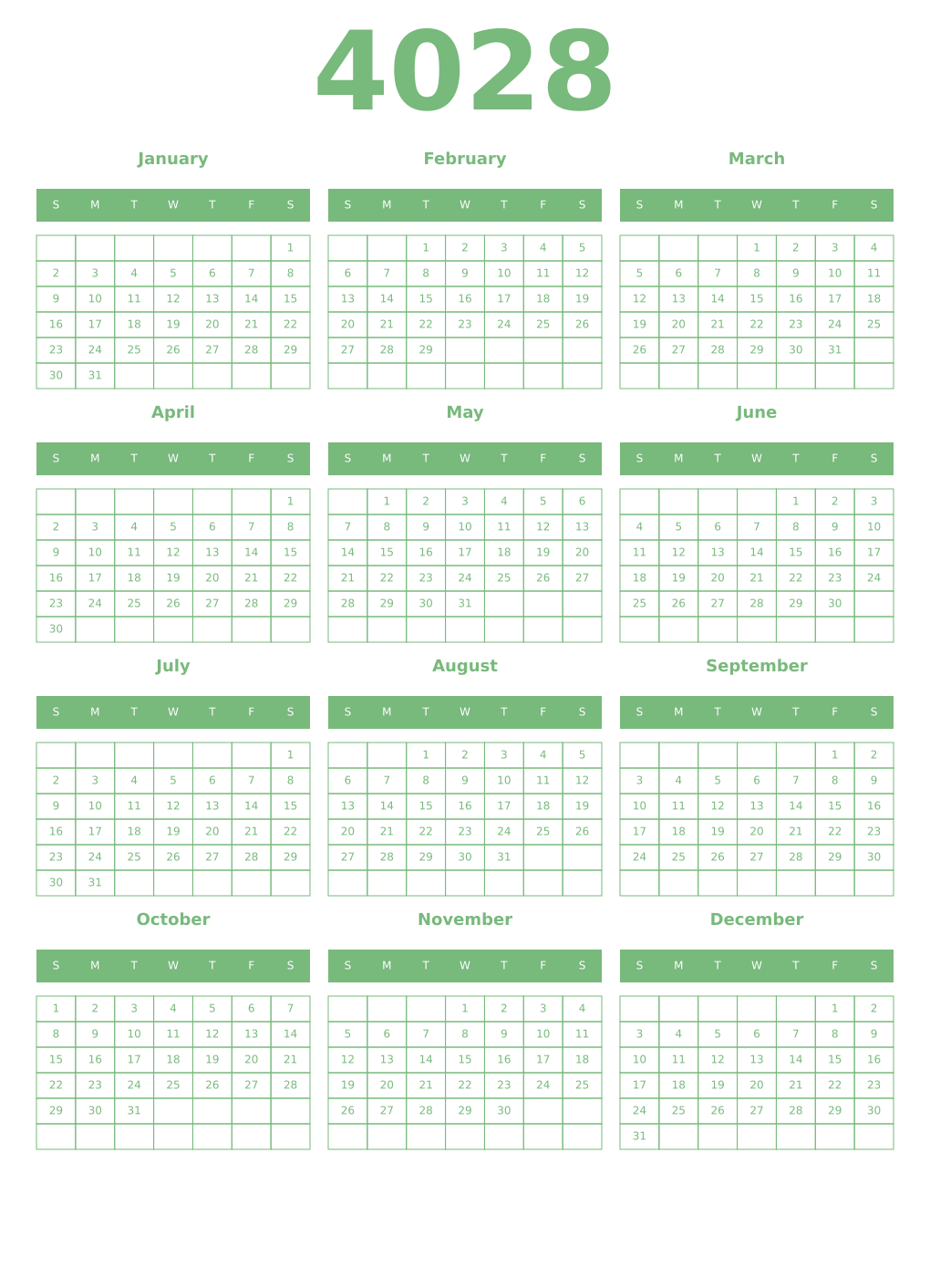 Printable 4028 Year Calendars celadon