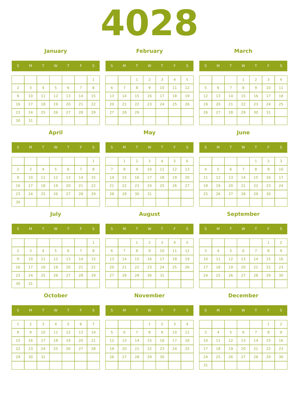 Printable 4028 Year Calendars chartreuse