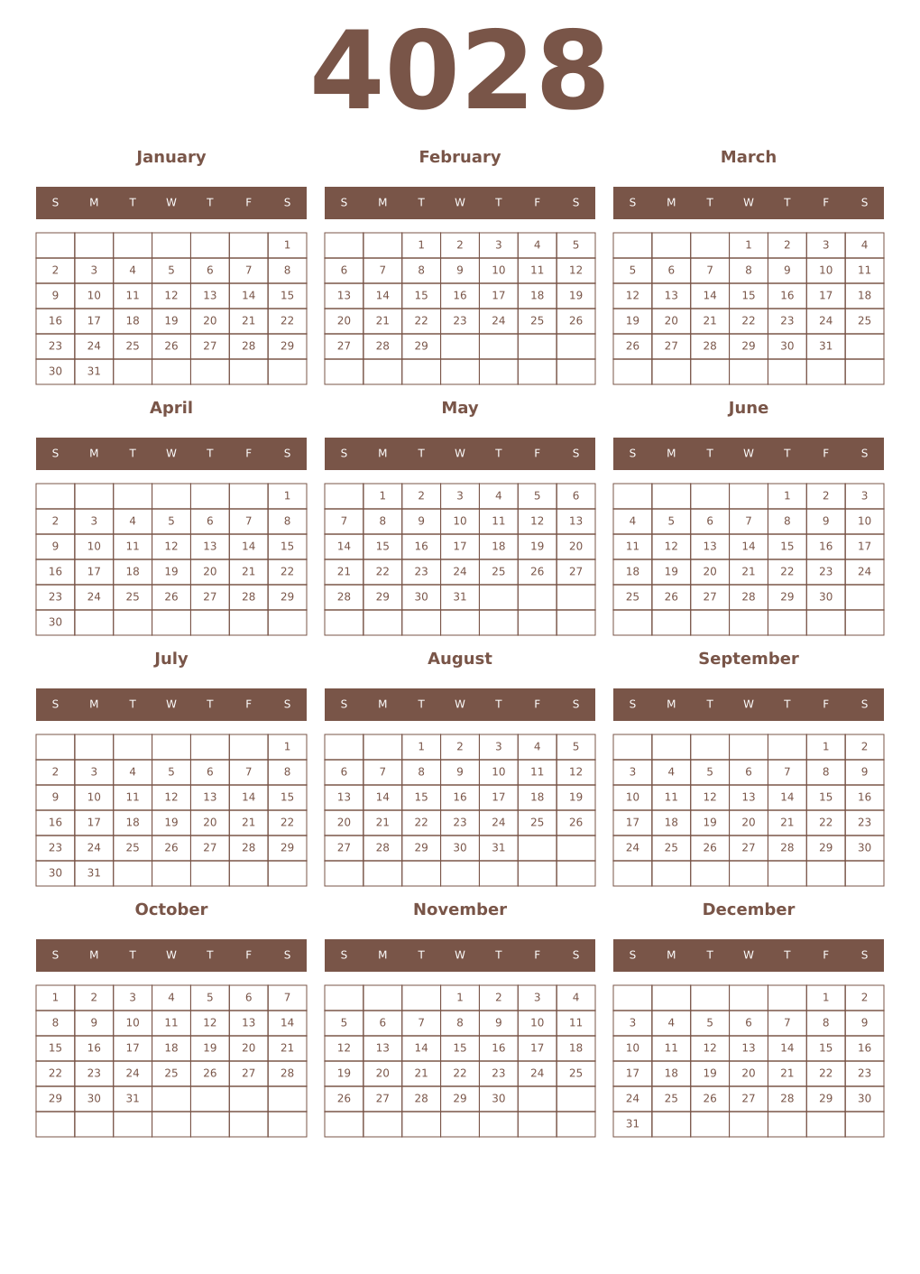 Printable 4028 Year Calendars coffe
