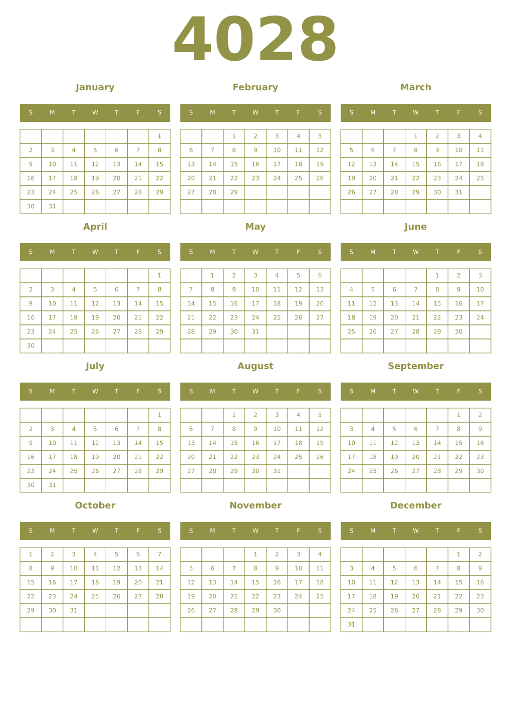 Printable 4028 Year Calendars eburnean