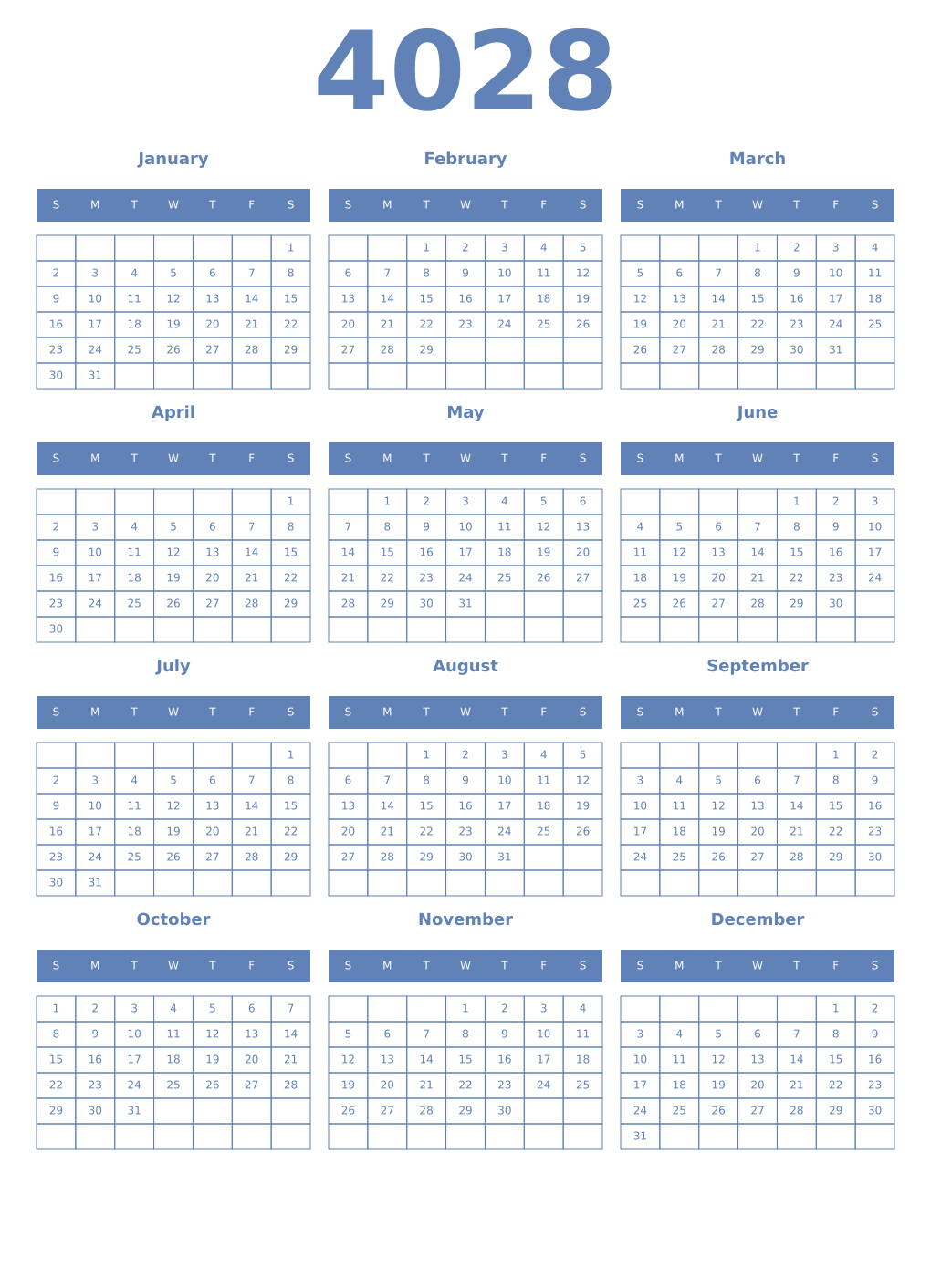 Printable 4028 Year Calendars glaucous