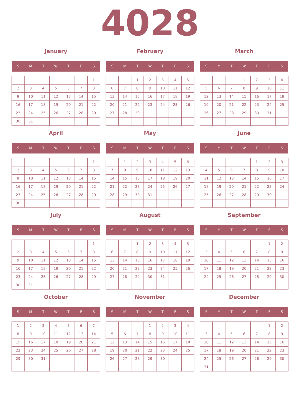 Printable 4028 Year Calendars puce