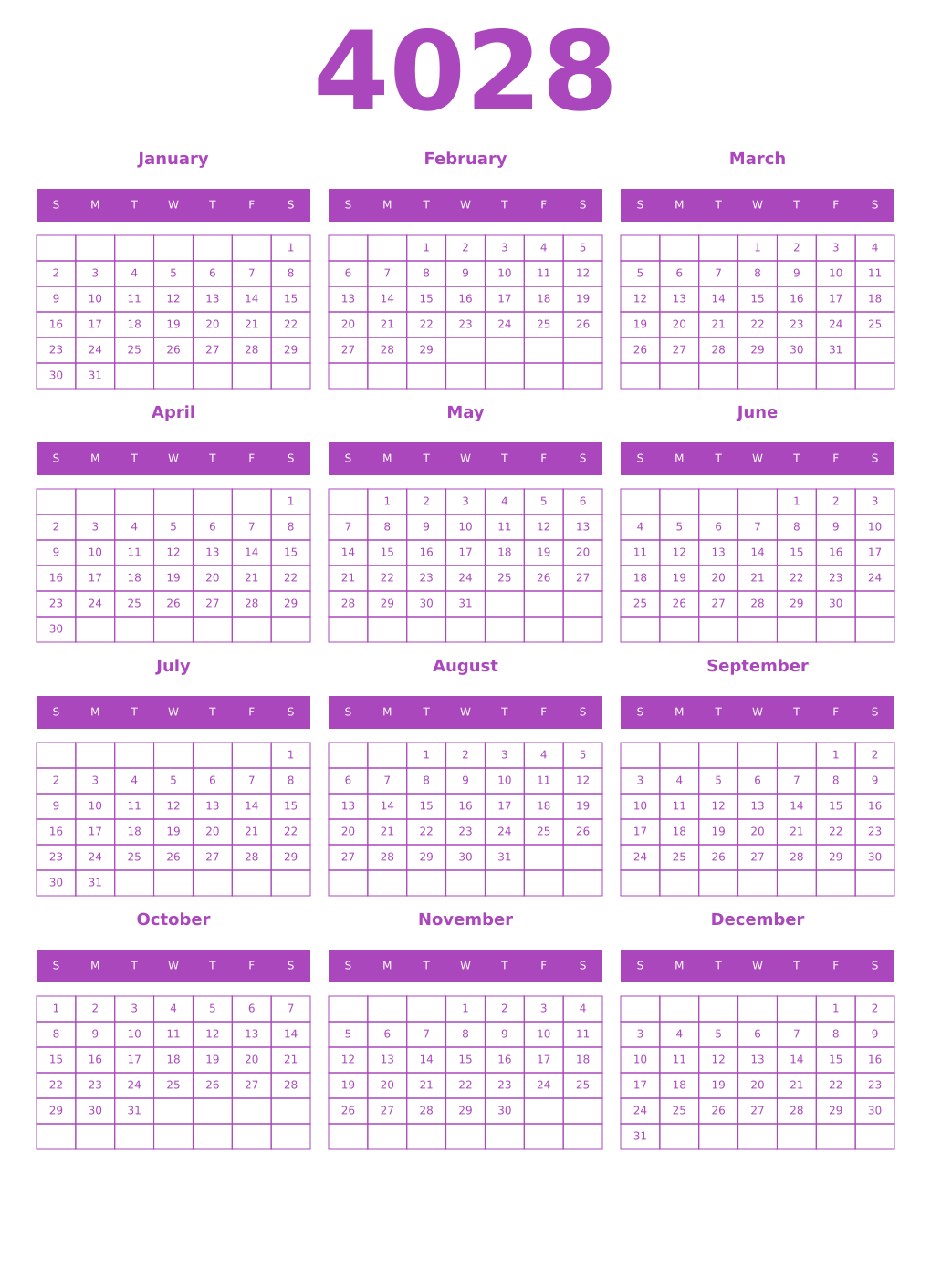 Printable 4028 Year Calendars purple