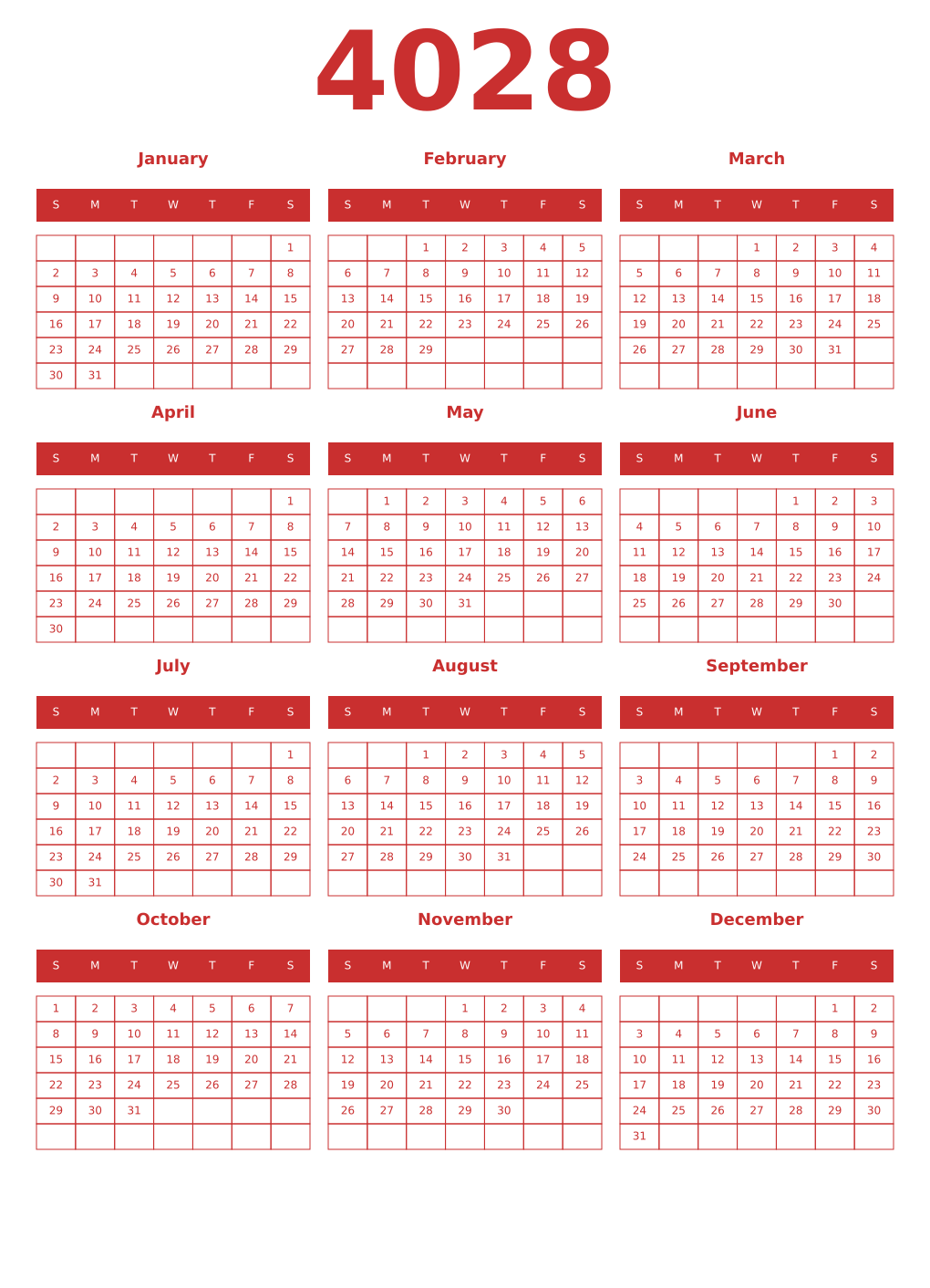 Printable 4028 Year Calendars red
