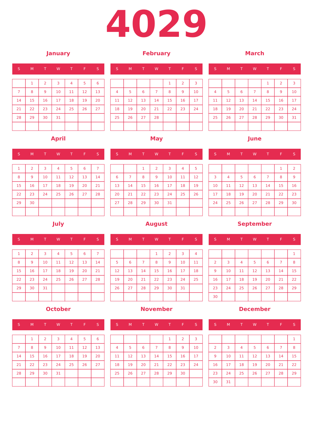 Printable 4029 Year Calendars amaranth