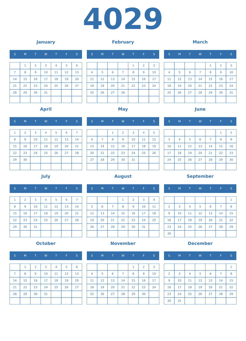 Printable 4029 Year Calendars blue