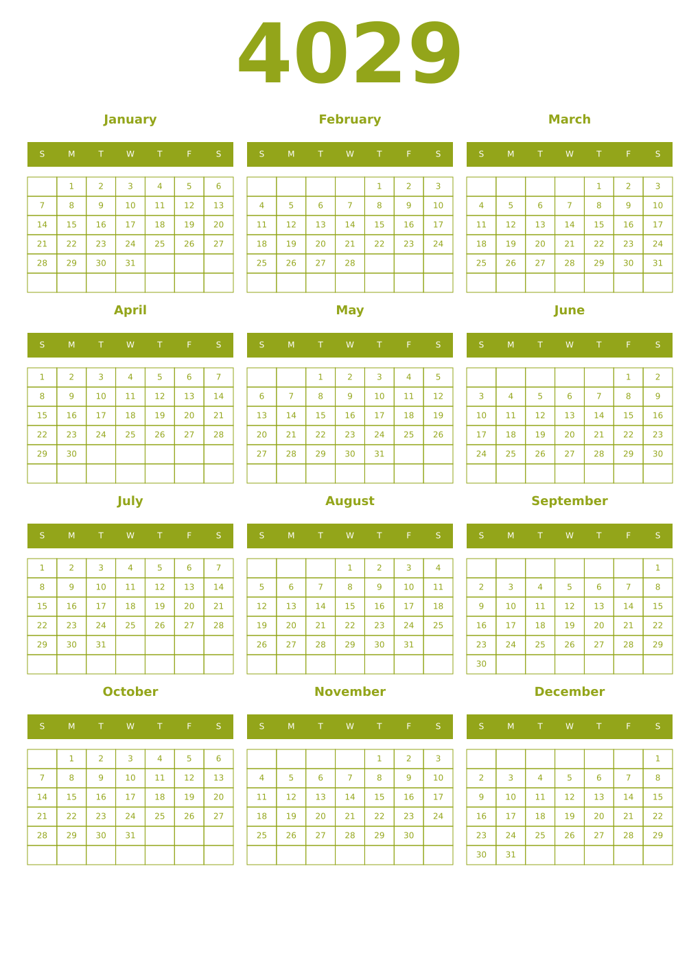 Printable 4029 Year Calendars chartreuse