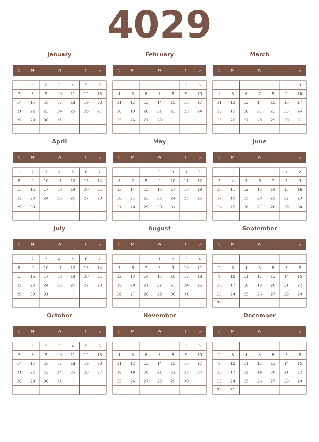 Printable 4029 Year Calendars coffe
