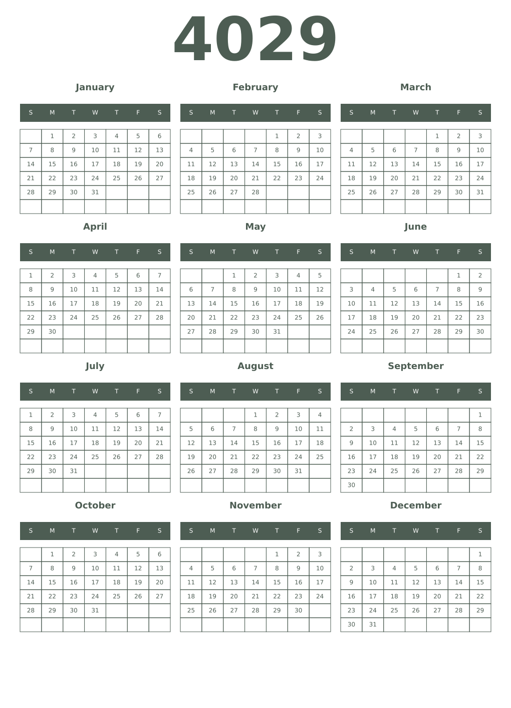 Printable 4029 Year Calendars feldgrau