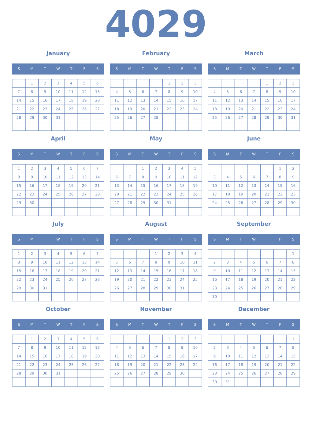 Printable 4029 Year Calendars glaucous