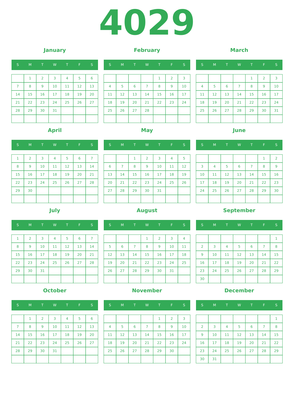 Printable 4029 Year Calendars green