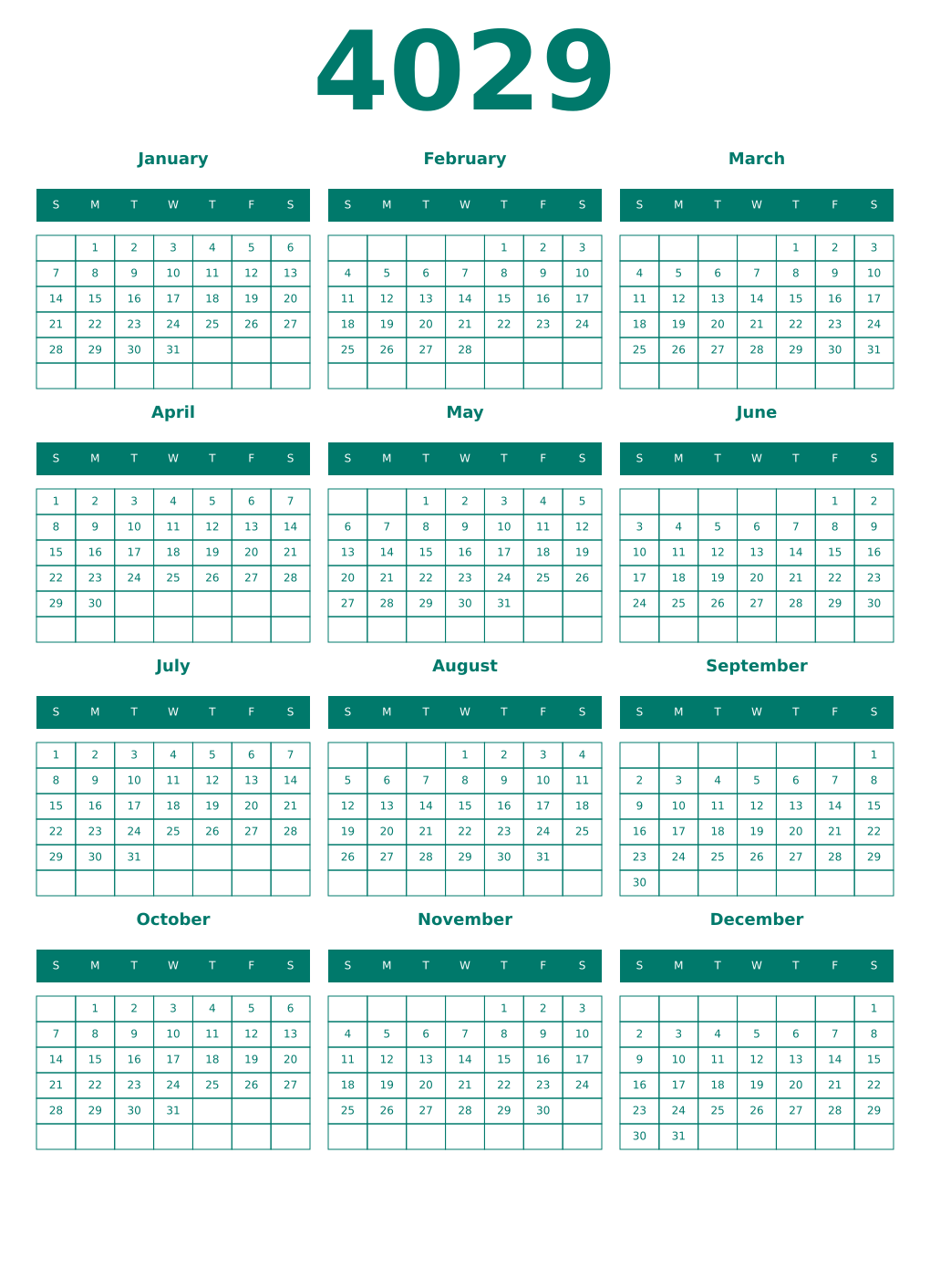 Printable 4029 Year Calendars pastel