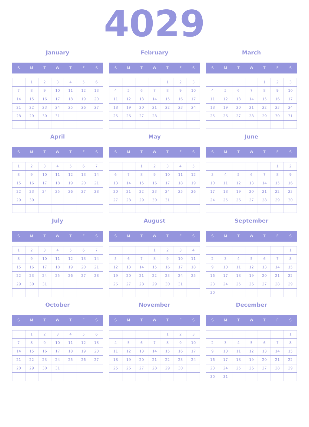 Printable 4029 Year Calendars periwinkle