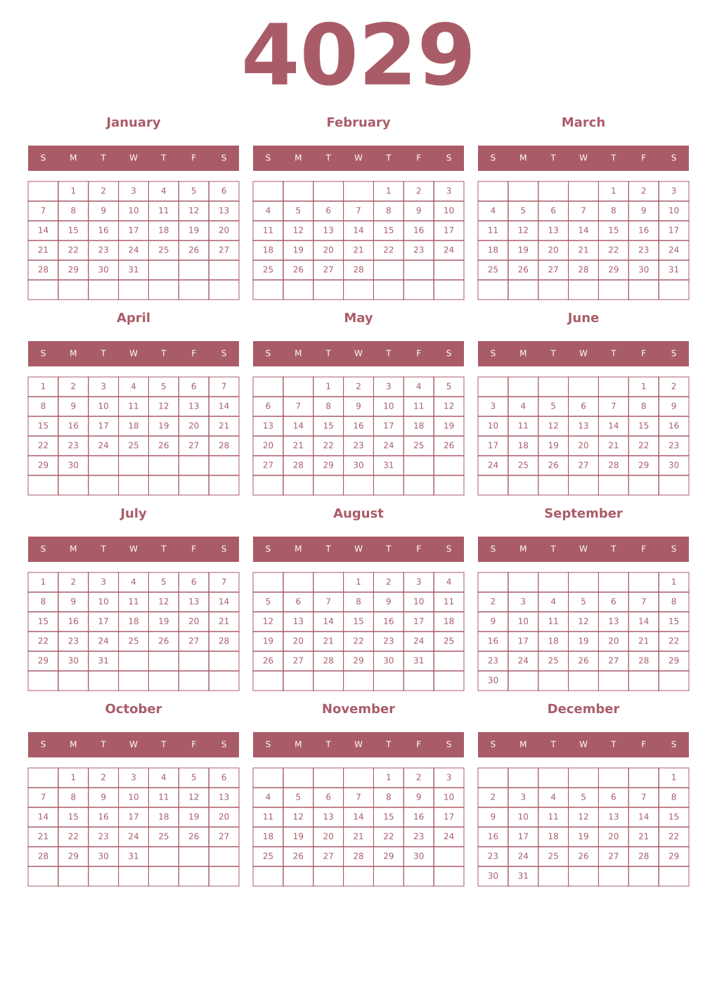 Printable 4029 Year Calendars puce