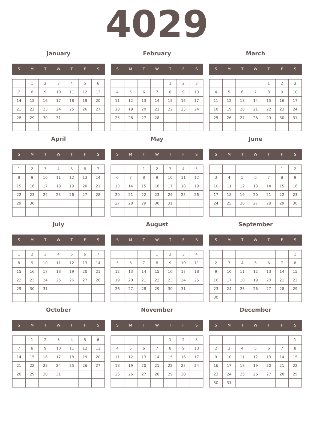 Printable 4029 Year Calendars wenge