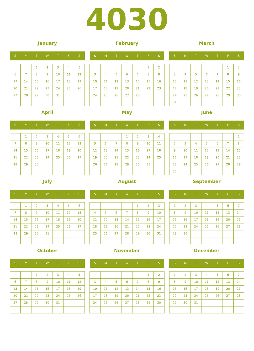 Printable 4030 Year Calendars chartreuse